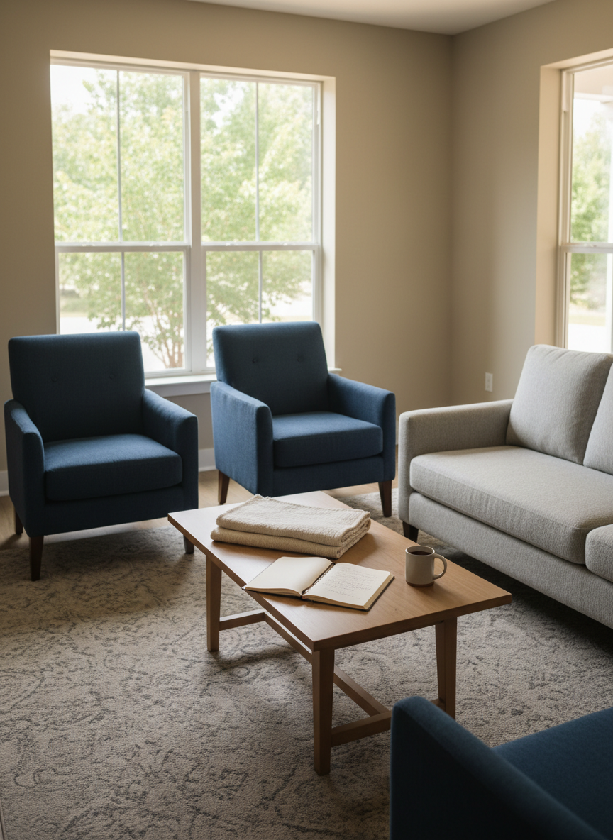 A warmly lit, tastefully furnished independent living common room with no people present, featuring a pair of deep navy upholstered armchairs with soft textured fabric and a light gray sofa arranged around a low, natural wood coffee table. A neatly folded woven throw and an open journal rest on the table beside a simple ceramic mug. Large windows reveal a hint of green trees outside, allowing soft afternoon sunlight to wash across the neutral walls and plush area rug. Photographic realism at eye level, with a calm, inviting mood, balanced composition, and gentle depth of field that keeps the entire room in clear focus, emphasizing comfort, dignity, and stability.