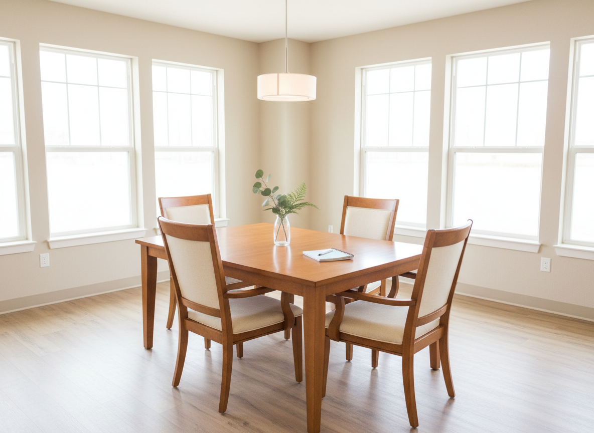 A quiet, sunlit dining and community space in an independent living home with no people, where a solid wooden table with a smooth, honey-colored finish sits centered beneath a simple, warm pendant light. Four sturdy chairs with comfortable, cushioned seats are pushed neatly under the table. On the tabletop, a small vase with fresh greenery, a spiral-bound planner, and a pen suggest structured routines and planning for long-term success. Large windows along one wall let in generous, diffused daylight that reflects off light-colored walls and laminate flooring. Captured in photographic realism with a slightly elevated angle, the mood is organized, hopeful, and communal, emphasizing support and shared stability.