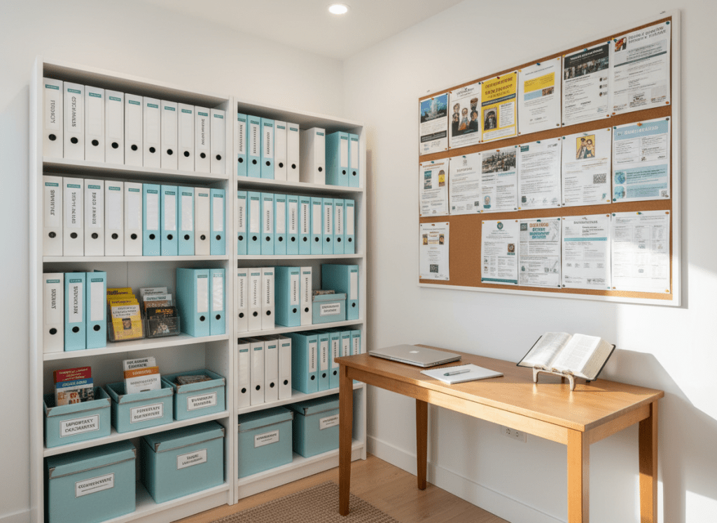 A dedicated resource and reflection corner in an independent living home, entirely empty of people, featuring a clean white bookshelf stocked with neatly arranged binders, community resource pamphlets, and labeled storage boxes. On the adjacent wall, a corkboard displays thoughtfully organized flyers about local support services, veterans’ programs, and community partnerships. Below, a simple wooden desk holds a closed laptop, a notepad, and a small, open Bible. Soft, overhead ambient lighting and faint natural light from an unseen window create a balanced, serene atmosphere. Photographic realism with a straight-on composition and moderate depth of field keeps all elements clear, visually underscoring structure, guidance, faith, and practical tools for long-term success.
