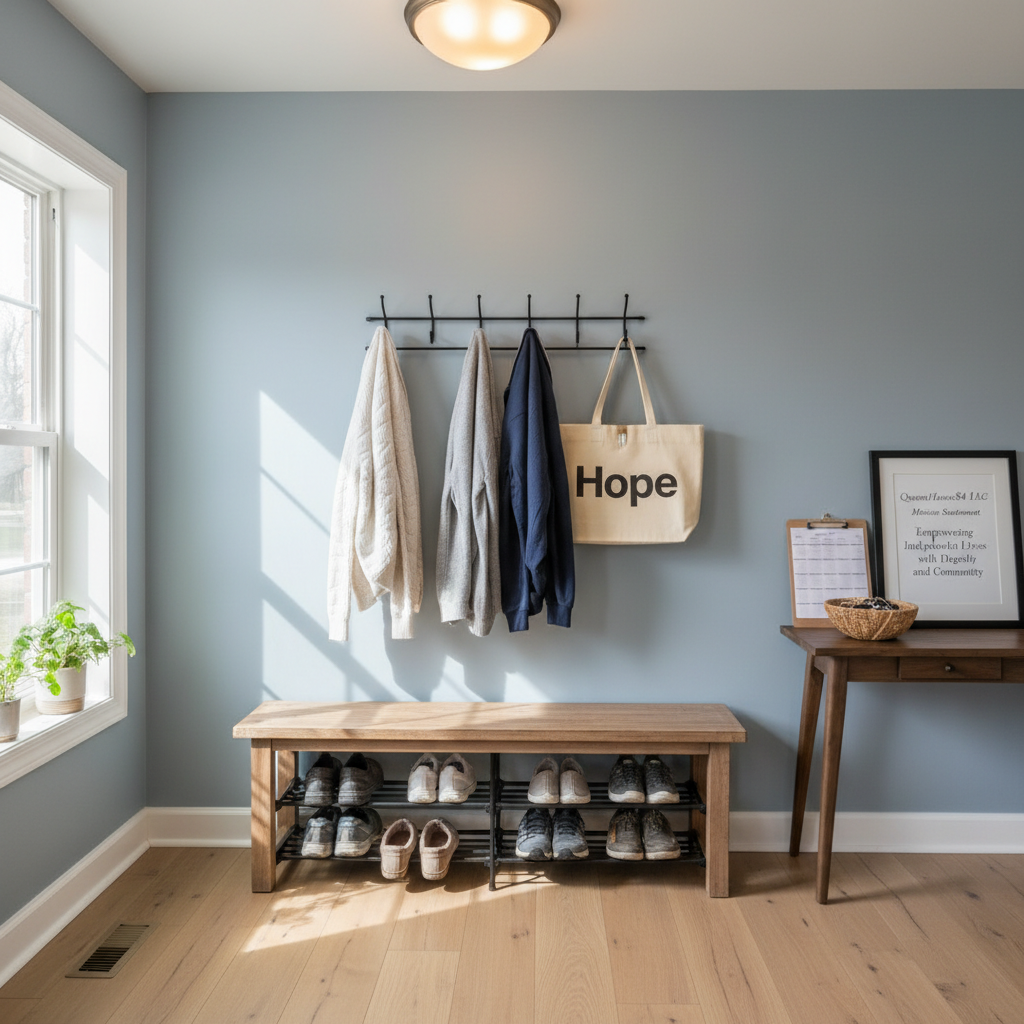 A well-organized entryway of an independent living home, free of people, with a sturdy bench in light wood, shoe storage neatly arranged beneath, and a row of simple, black metal hooks above holding a few neutral-toned jackets and a canvas tote bag labeled "Hope." A small console table nearby supports a decorative bowl for keys, a clipboard with a house schedule, and a framed mission statement of QueenHouse84 LLC. Natural daylight from a nearby window brightens the space, complemented by a soft overhead light. Photographic realism with an eye-level perspective and balanced composition communicates welcome, structure, and a respectful, supportive atmosphere for residents.