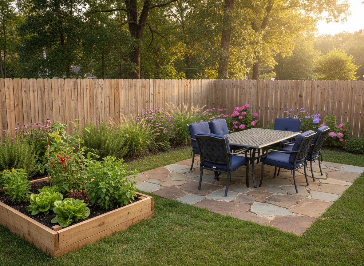 A serene, landscaped backyard area of an independent living home, without any people, showing a paved patio with a robust metal outdoor table and several matching chairs arranged for conversation. A wooden privacy fence lines the yard, softened by tall grasses and flowering shrubs planted along its base. A raised garden bed with thriving herbs and vegetables suggests purposeful, nurturing activity. Late afternoon sunlight filters through nearby trees, casting dappled shadows across the patio and lawn. Photographic realism from a slightly elevated angle, with vibrant yet natural colors, creates a peaceful, restorative mood, highlighting safety, stability, and opportunities for quiet reflection in the CSRA and South Carolina climate.