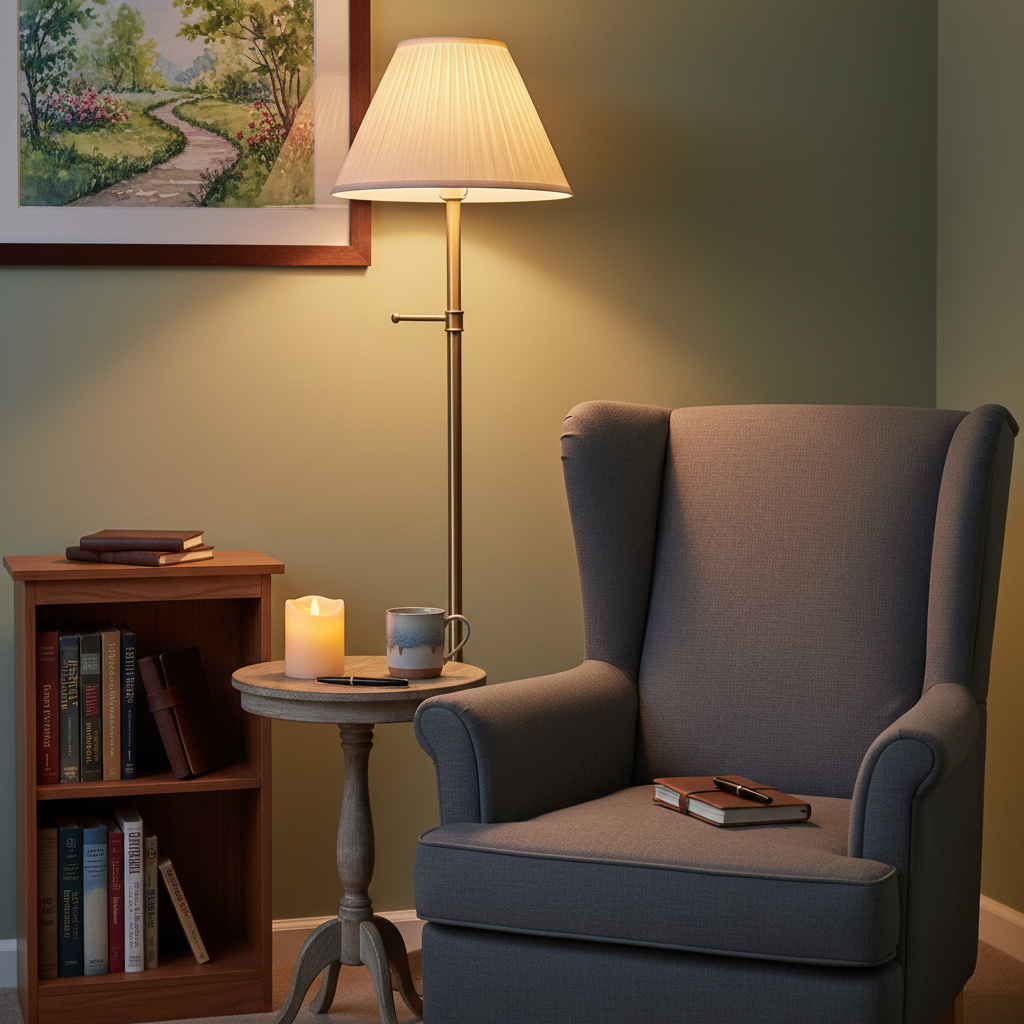 A small, cozy reading and reflection nook in an independent living home, with no people, featuring a comfortable, high-backed armchair in soft charcoal fabric, placed beside a compact bookcase filled with faith-based devotionals, recovery-oriented literature, and journals. A round side table holds a lit, flameless candle, a ceramic mug, and a leather-bound notebook with a pen resting on top. Gentle lamplight from a floor lamp with a linen shade creates a warm pool of light against a calm, neutral wall color. Photographic realism with a close, intimate composition and shallow depth of field softly blurs the background, evoking hope, introspection, and quiet encouragement rooted in integrity and faith.