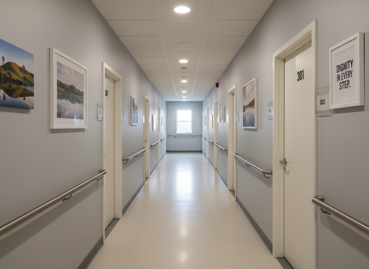 A quiet hallway in an independent living facility, devoid of people, featuring freshly painted soft gray walls, sturdy handrails on both sides, and evenly spaced white doors with simple, clear room number plaques. Framed inspirational quotes and serene landscape photographs hang neatly along the corridor, reinforcing hope and dignity. Overhead recessed lighting provides even, warm illumination, while a small window at the end of the hall lets in subtle natural light that draws the eye forward. Photographic realism with a central, leading-lines composition and sharp focus throughout creates a structured, orderly feeling that communicates safety, respect, and dependable routine.