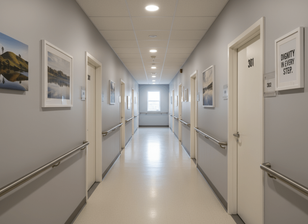 A quiet hallway in an independent living facility, devoid of people, featuring freshly painted soft gray walls, sturdy handrails on both sides, and evenly spaced white doors with simple, clear room number plaques. Framed inspirational quotes and serene landscape photographs hang neatly along the corridor, reinforcing hope and dignity. Overhead recessed lighting provides even, warm illumination, while a small window at the end of the hall lets in subtle natural light that draws the eye forward. Photographic realism with a central, leading-lines composition and sharp focus throughout creates a structured, orderly feeling that communicates safety, respect, and dependable routine.