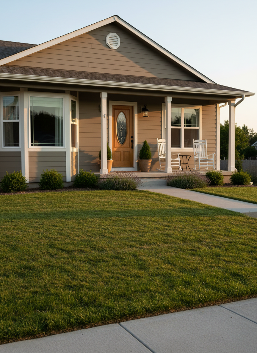 A well-kept, single-story residential home exterior used for independent living, without any people, painted in soft taupe with crisp white trim and a welcoming front porch. Two sturdy rocking chairs and a simple outdoor side table sit beneath a neatly hung porch light, while potted evergreens frame the front door. The front yard is carefully maintained with trimmed grass and a smooth, accessible pathway leading from the sidewalk to the entrance. Captured in photographic realism during golden hour, warm sunlight creates long, gentle shadows and a peaceful glow. The composition is slightly angled to show both the front and side of the home, conveying safety, structure, and a sense of belonging.