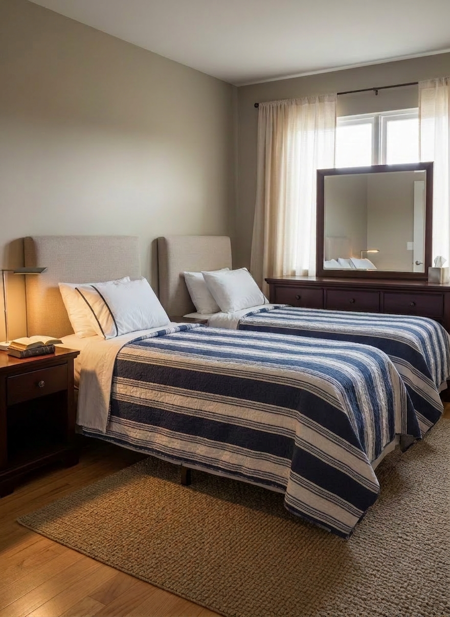 Cozy bedroom with twin beds and natural light Bedroom with two twin beds, blue and white striped quilts, a nightstand with a lamp and cross, and a dresser with mirror.